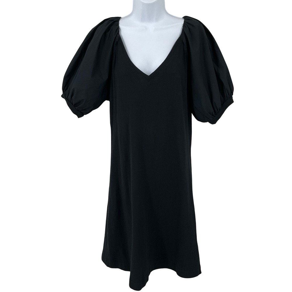 Maeve Anthropologie Dress Women Medium Black V-Neck Puff Sleeve Shift Minimalist